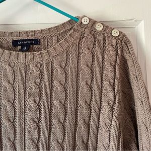 Lands’ End Cable-Knit Decorative-Button Sweater | Light Brown | Small
